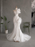 Load image into Gallery viewer, White Sculptural One Shoulder Gown Asymmetric Pleated Bridal Dress with Dramatic Ruffled Statement Silhouette