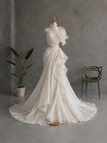 Load image into Gallery viewer, Ivory Sculptural Pleated Wedding Gown with Sweetheart Bodice, Asymmetric Ruffle Shoulder and Cutout Waist