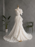 Load image into Gallery viewer, Ivory Sculptural Pleated Wedding Gown with Sweetheart Bodice, Asymmetric Ruffle Shoulder and Cutout Waist