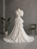Load image into Gallery viewer, Ivory Sculptural Pleated Wedding Gown with Sweetheart Bodice, Asymmetric Ruffle Shoulder and Cutout Waist