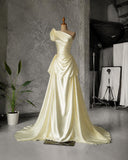 Load image into Gallery viewer, Yellow One Shoulder Draped Gown with Sculptural Shoulder Detail and Ruched Formal Silhouette