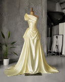 Load image into Gallery viewer, Yellow One Shoulder Draped Gown with Sculptural Shoulder Detail and Ruched Formal Silhouette