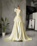 Load image into Gallery viewer, Yellow One Shoulder Draped Gown with Sculptural Shoulder Detail and Ruched Formal Silhouette