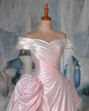 Load image into Gallery viewer, Blush Pink Off Shoulder Ball Gown with Ruched Bodice and Sculptural Hip Draping Formal Evening Dress