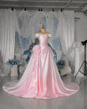 Load image into Gallery viewer, Blush Pink Off Shoulder Ball Gown with Ruched Bodice and Sculptural Hip Draping Formal Evening Dress