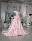 Load image into Gallery viewer, Blush Pink Off Shoulder Ball Gown with Ruched Bodice and Sculptural Hip Draping Formal Evening Dress