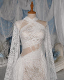 Load image into Gallery viewer, White Asymmetric Cutout Long Sleeve Gown, Crossover Neckline Bridal Dress, Draped Formal Wedding Gown