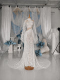 Load image into Gallery viewer, White Asymmetric Cutout Long Sleeve Gown, Crossover Neckline Bridal Dress, Draped Formal Wedding Gown