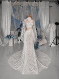 Load image into Gallery viewer, White Asymmetric Cutout Long Sleeve Gown, Crossover Neckline Bridal Dress, Draped Formal Wedding Gown