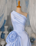 Load image into Gallery viewer, Light Blue One Shoulder Gown with Ruched Bodice and Oversized Rosette Formal Dress