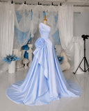 Load image into Gallery viewer, Light Blue One Shoulder Gown with Ruched Bodice and Oversized Rosette Formal Dress
