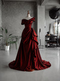 Load image into Gallery viewer, Burgundy Off Shoulder Gown, Asymmetric Draped Formal Dress, Full Length Evening Gown, Made to Measure