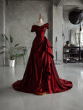 Load image into Gallery viewer, Burgundy Off Shoulder Gown, Asymmetric Draped Formal Dress, Full Length Evening Gown, Made to Measure