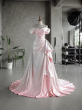 Load image into Gallery viewer, Blush Pink Off Shoulder Gown with Draped Bodice, Ruched Waist and Asymmetric Side Detail