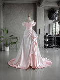 Load image into Gallery viewer, Blush Pink Off Shoulder Gown with Draped Bodice, Ruched Waist and Asymmetric Side Detail