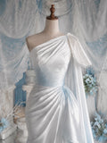 Load image into Gallery viewer, White One Shoulder Draped Gown with Bow Detail and Elegant Floor Length Silhouette