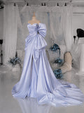 Load image into Gallery viewer, Light Blue Asymmetric Bow Gown with Draped Sweetheart Bodice and Voluminous Formal Skirt