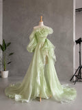 Load image into Gallery viewer, Light Green Asymmetrical Ruffle Statement Gown with Sculptural Neckline, Dramatic Sleeve and Cascading Side Detail