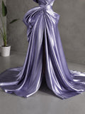 Load image into Gallery viewer, Purple Off Shoulder Draped Gown with Sculptural Bow Detail and Full Skirt for Formal Events