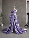 Load image into Gallery viewer, Purple Off Shoulder Draped Gown with Sculptural Bow Detail and Full Skirt for Formal Events