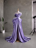 Load image into Gallery viewer, Purple Off Shoulder Draped Gown with Sculptural Bow Detail and Full Skirt for Formal Events