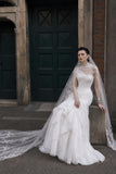 Load image into Gallery viewer, White Wedding Gown with Graceful Full Length Silhouette and Dramatic Bridal Train