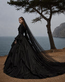 Load image into Gallery viewer, Black Gothic Wedding Dress with Elegant Train, Dark Romantic Bridal Gown