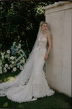 Load image into Gallery viewer, Ivory Wedding Gown with Graceful Full Length Silhouette and Dramatic Bridal Train