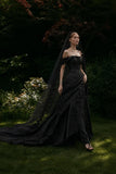 Load image into Gallery viewer, Black Alternative Wedding Gown with Flowing Train and Gothic Bridal Style
