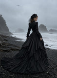 Load image into Gallery viewer, Black Gothic Bridal Gown with Dramatic Train, Alternative Wedding Dress