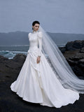 Load image into Gallery viewer, White Wedding Gown with Graceful Full Length Silhouette and Dramatic Bridal Train