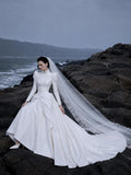 Load image into Gallery viewer, White Wedding Gown with Graceful Full Length Silhouette and Dramatic Bridal Train