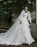 Load image into Gallery viewer, White Formal Bridal Dress with Elegant Train, Romantic Wedding Gown