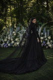 Load image into Gallery viewer, Black Alternative Wedding Gown with Flowing Train and Gothic Bridal Style
