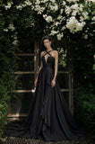 Load image into Gallery viewer, Black Gothic Bridal Gown with Dramatic Train, Alternative Wedding Dress