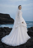 Load image into Gallery viewer, White Wedding Gown with Graceful Full Length Silhouette and Dramatic Bridal Train