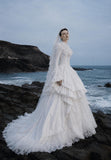 Load image into Gallery viewer, White Wedding Gown with Graceful Full Length Silhouette and Dramatic Bridal Train