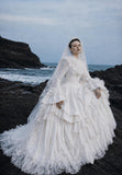 Load image into Gallery viewer, White Wedding Gown with Graceful Full Length Silhouette and Dramatic Bridal Train