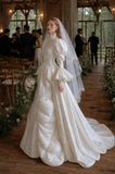 Load image into Gallery viewer, White Wedding Gown with Graceful Full Length Silhouette and Dramatic Bridal Train