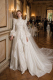 Load image into Gallery viewer, Ivory Wedding Gown with Graceful Full Length Silhouette and Dramatic Bridal Train