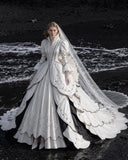 Load image into Gallery viewer, White Wedding Gown with Graceful Full Length Silhouette and Dramatic Bridal Train
