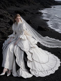 Load image into Gallery viewer, White Wedding Gown with Graceful Full Length Silhouette and Dramatic Bridal Train