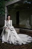 Load image into Gallery viewer, White Wedding Gown with Graceful Full Length Silhouette and Dramatic Bridal Train