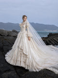 Load image into Gallery viewer, White Wedding Gown with Graceful Full Length Silhouette and Dramatic Bridal Train