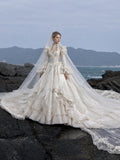 Load image into Gallery viewer, White Wedding Gown with Graceful Full Length Silhouette and Dramatic Bridal Train