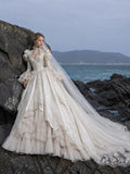 Load image into Gallery viewer, White Wedding Gown with Graceful Full Length Silhouette and Dramatic Bridal Train