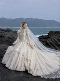 Load image into Gallery viewer, White Wedding Gown with Graceful Full Length Silhouette and Dramatic Bridal Train