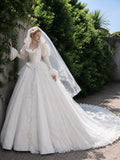 Load image into Gallery viewer, White Wedding Gown with Graceful Full Length Silhouette and Dramatic Bridal Train