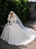 Load image into Gallery viewer, White Wedding Gown with Graceful Full Length Silhouette and Dramatic Bridal Train