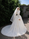 Load image into Gallery viewer, White Wedding Gown with Graceful Full Length Silhouette and Dramatic Bridal Train